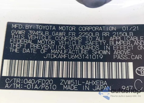 2021 Toyota Prius Le из США, поврежденный, VIN JTDKAMFU6M3141019